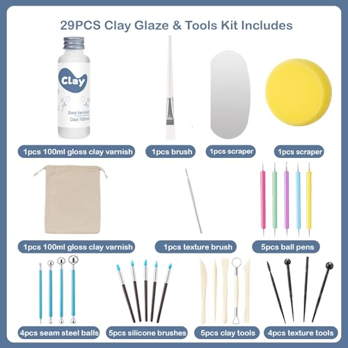 1DFAUL 29Pcs Sculpting Tools Kit with Air Dry Clay Glaze & Varnish (Gloss) | High Luster, Scratch Resistant, Waterproof, Pottery Tool kit for Sculpting, Modeling, Shaping