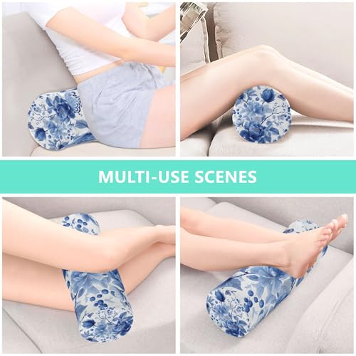 Blue White Flower Neck Roll Pillow Bolster Round Health Memory Foam Long Cervical Roll Cylinder Pillows with Removable Washable Cover for Body Bed Legs Back Yoga - color: Blue and White 35