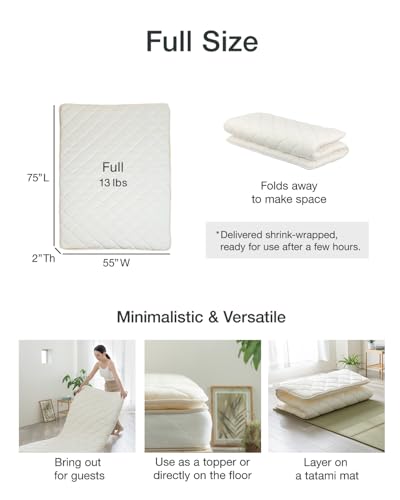FULI Japanese Futon, Full Size, White - Foldable Shikibuton Floor Bed | Medium Firm Quilted Cotton Sleeping Pad, Portable Roll-Up Japanese Floor Bed for Guests & Small Spaces, 100% cotton surface - size: Full (75"L x 55"W), style: Standard