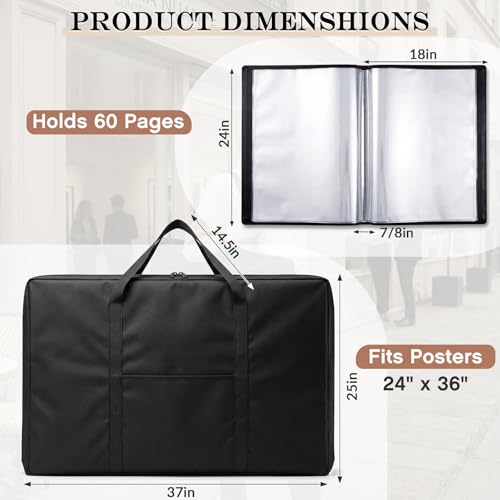 Lewtemi Art Portfolio Case Set, 18" x 24" Binder with 60 Pages Plastic Sleeves and 24" x 36" Waterproof Art Portfolio Tote Bag, Artwork Storage and Presentation for Students and Artists