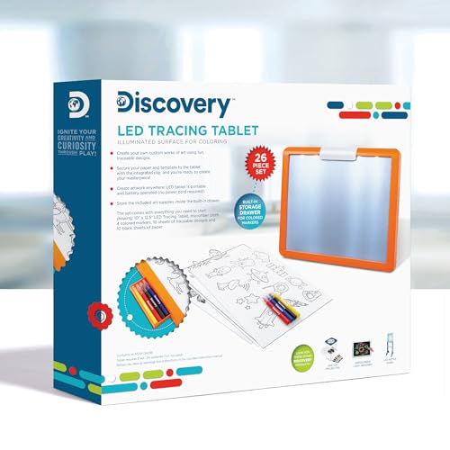 Discovery LED Tracing Tablet, 26-Piece Set with Washable Markers, Tracing & Template Sheets, Battery Powered Doodle Activity Lightboard, Kids Drawing & Sketching Portable Travel Art Set, Toy Gift