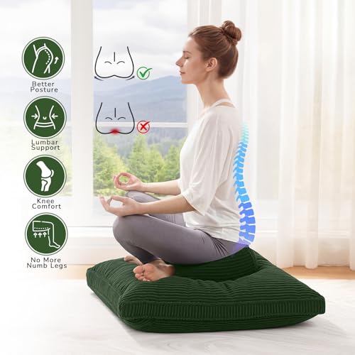 Meditation Cushion, 32x32inch Meditation Floor Pillow for Adults | Extra Large Floor Cushion, Zafu & Zabuton with Removable Corduroy Cover, Soft Support for Yoga, Sitting, Reading, Dark Grey - color: Green