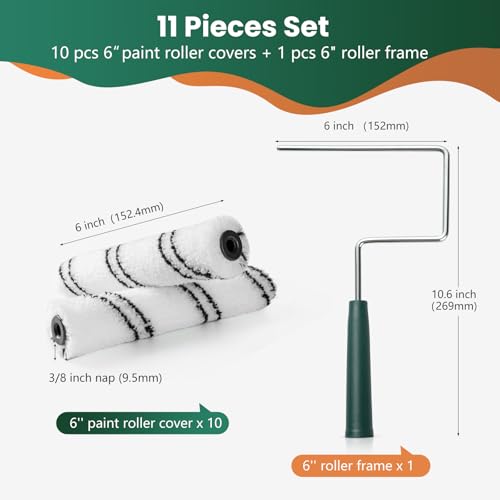 Paint Roller Covers, 10 Pack, 6 Inch, 3/8 Inch Nap | 6 Inch Microfiber Roller Sleeves, Anti-Rust Metal Frame Included, Ideal for Wall & Furniture Painting - size: 6 inch paint roller 10 pack