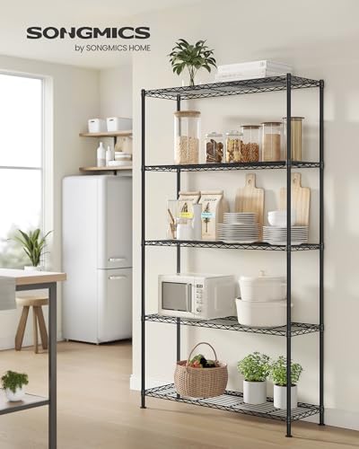 SONGMICS 5-Tier Bathroom Shelf, Storage Rack for Small Space | Adjustable Shelves, 11.8 x 35.4 x 63 Inches, Removable Hook, Ink Black, DALTEN Collection ULGR195BH01 - color: Ink Black, size: 5 Tiers (11.8"D x 35.4"W), style: Without PP Shelf Liners