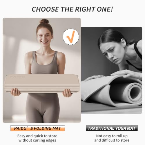 PAIDU Foldable Yoga Mat 10MM Thick SGS Certified TPE 75x26" Portable - color: Beige+Dark Gray