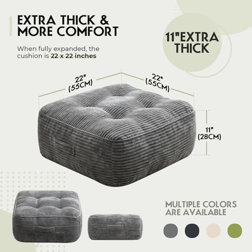 11" Thick Washable Floor Pillow for Adults, Yoga & Meditation Cushion with Handle, Square Large Pillows Seating with Removable Tufted Corduroy Cover for Tatami Living Room Board Games, Light Gray New - color: Light Gray