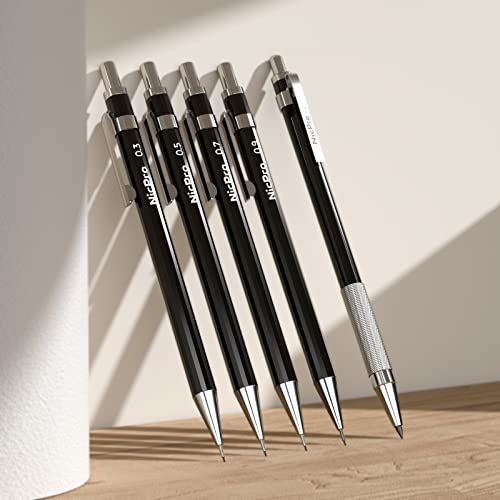 Nicpro 29PCS Black Metal Mechanical Pencil Set in Leather Case, 0.3, 0.5, 0.7, 0.9 & 2mm Lead Pencil Holder, (6B 4B 2B HB 2H 4H) Lead Refills (Black & Colors), Eraser For Art Drafting Sketching - color: Black, size: 1 Count (Pack of 5)