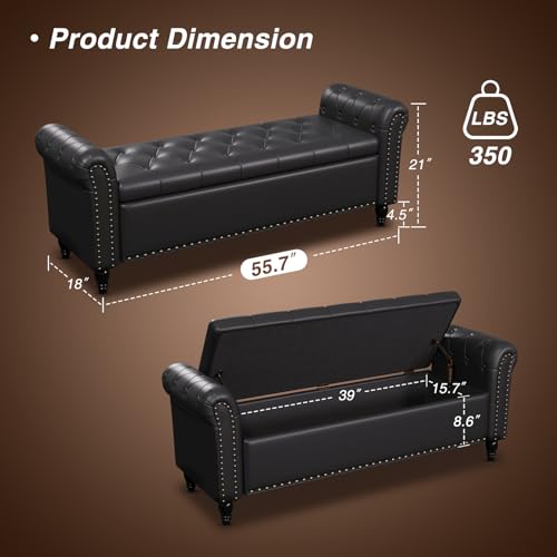 FiveWillowise 55" Bedroom Bench,End of Bed Bench with Storage,Black - color: Black, size: 55-inch