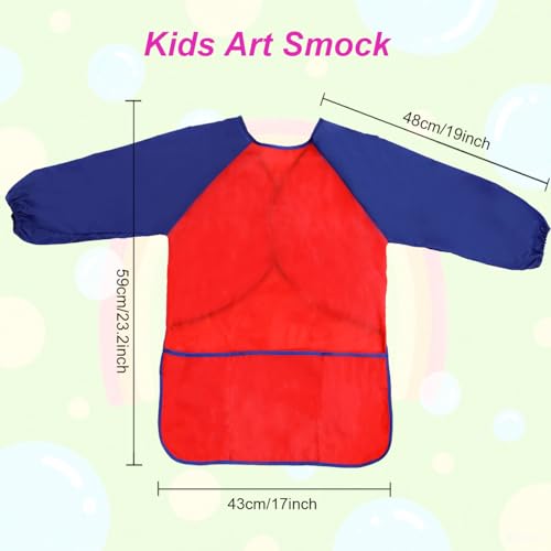 2 Pack Kids Art Smock Waterproof with Long Sleeve and 3 Roomy Pockets Artist Children Aprons for Toddlers Age 3-8 Painting Crafts(Red+Blue) - color: 2 Pack Red+blue