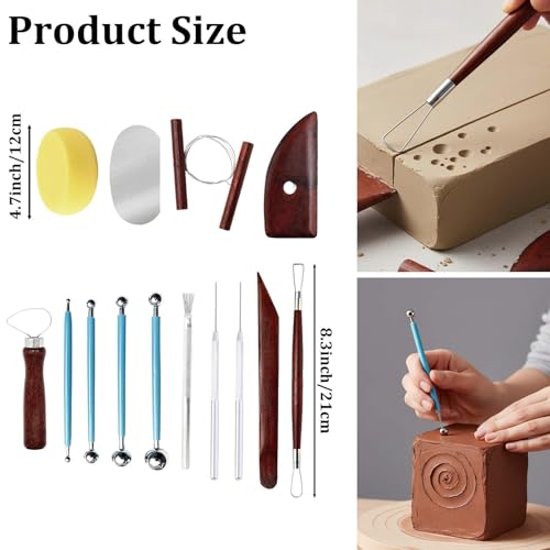 17 Pcs Pottery and Clay Sculpting Tools Set, Double-Sided Ceramic Carving and Trimming Tools with Smooth Wooden Handles for Shaping, Detailing, and Embossing(17)