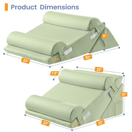 Sasttie Adjustable Wedge Pillow Set for After Surgery, Sage | 2PCS Bed Wedge Pillow Headboard with Memory Foam Neck Cushion, for Acid Reflux, Sleeping, Neck & Back Support - color: Sage, size: Adjustable 9&12 Inch + 2 Head Pillows