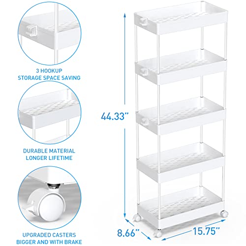 SPACEKEEPER 5 Tier Storage Rolling Cart, Bathroom Cart with Wheels, White - color: White, size: 5 Tier