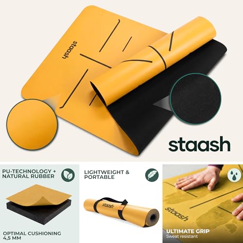 STAASH Premium Yoga Set – PU & Natural Rubber Mat + Towel + Strap + Knee Pad – Non-Slip Grip, Eco-Friendly, Studio Quality - color: Sun Yellow