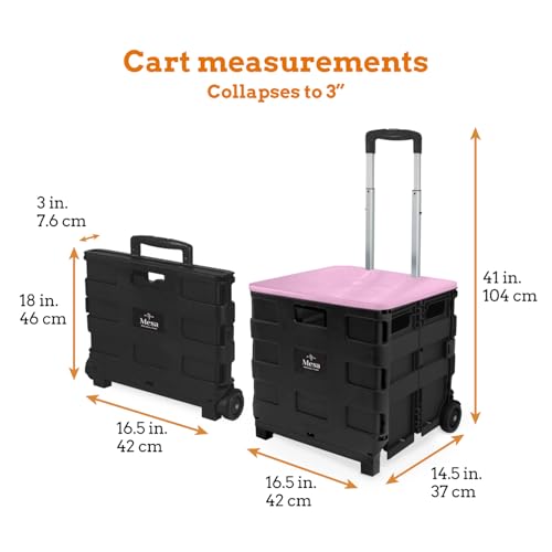 Inspired Living Collapsible Ultra-Slim Pack-N-Roll,2 Wheel Utility Cart w/Lid Used as Seat up to 250 Lbs, Telescopic Handle, Super Strong, for Home,Garden,Shopping,Office,School, Large, Pink & Black - color: Pink, size: Large/ Lid