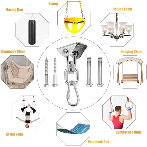Hammock Hanging Kit Heavy Duty 360° Rotating Hanging Swing Hooks Stainless Steel Hammock Chair Hanging Kit Swing Ceiling Hook Snap with 1200LB Capacity for Yoga, Gym, Wood, Concrete (Silver) - color: Silver