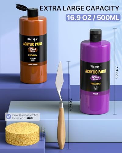 JusArt 14 Colors Acrylic Paint Set, Including Gold and Silver, 16.9oz(500ml) Large Bulk Bottles Adult Artist Paints for Rocks, Mural Walls, Crafts, Glass, Fabric, Ceramic, Canvas - color: 14 Colors (16.9oz)