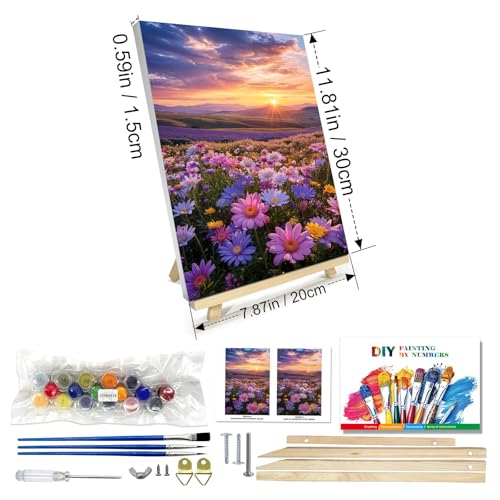 JOOZ Flowers Paint by Numbers Kit for Adults with Frame, Sunset Mountain Paint by Number with Easel, DIY Adult Paint by Number Kits on Canvas Landscape for Home Wall Decor 8 x 12 Inch - color: Flowers Sunset