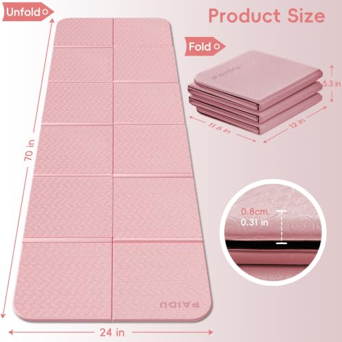 PAIDU Foldable Yoga Mat, 70"x24"x0.31" TPE Non-Slip Mat with Bag | Double‑sided non‑slip, 8mm thick TPE, foldable for travel, ideal for yoga/pilates/fitness/home/outdoor workouts - color: Pink+Black