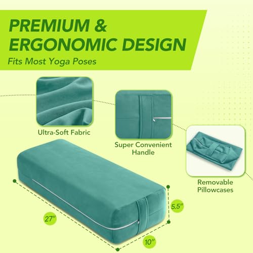 Wellsin Rectangular Yoga Bolster - Meditation Pillow with Washable Suede Cover, 27"X10" X5.5" - color: Green