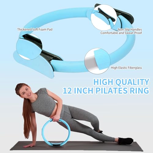 DICYWUDI Pilates Essentials Kit for Home Women, Pilates Equipment for Workouts, 6 Fabric Resistance Bands, 12 Inch Magic Circle Yoga Ring, Mini Exercise Ball, Great Exercise Equipment - color: 15pcs Blue set