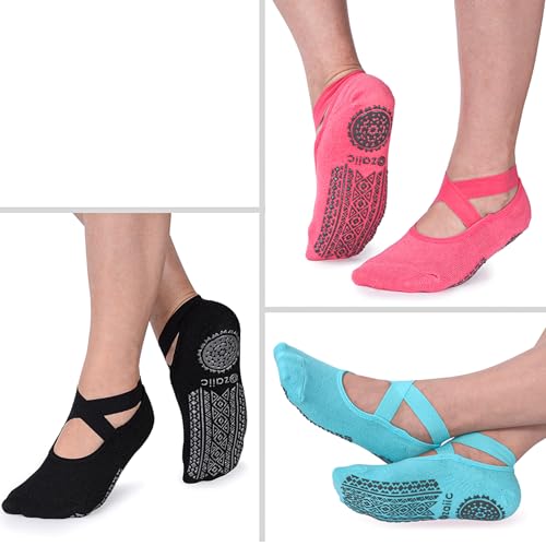 Ozaiic Pilates Socks for Women Non Slip Grip Yoga Barefoot Indoor Workout | Breathable cotton grippy sock, slipper sticky socks, one size fits women for barre, ballet, dance, hospital, home - color: 3 Pairs-black/ Watermelon Red/ Blue
