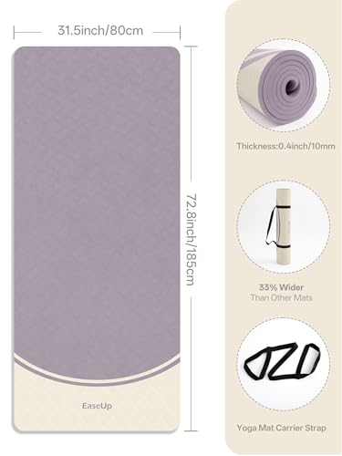 EaseUp 10mm Thick Yoga Mat, 73"×31.5" Extra Wide, Non-Slip with Strap - color: Dusty purple