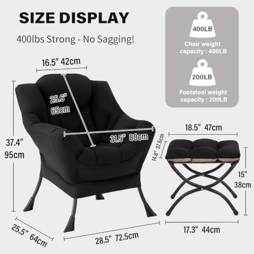 Tiita Lazy Chair with Ottoman, Comfy Reading Accent Chair, Black | Foldable Footrest, Padded Seat and Backrest, Side Pocket for Lounging in Living Rooms, Bedrooms, Dorms and Small Spaces - color: Peach Skin Black