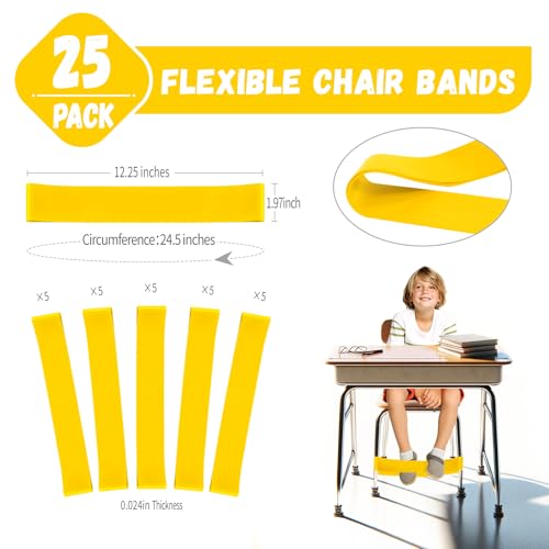 25 Pack Chair Bands for Kids with Fidgety Feet, ADHD Tools for Kids, Improve Focus & Reduce Restlessness, Chair Bands for Sensory ADHD ADD Autism - Classroom & Home Must Haves (Yellow) - color: Yellow, size: 25 Pack