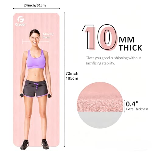 Gruper Yoga Mat Non Slip NBR Extra Thick Yoga Mat, 72"L x 32"/24"W x 0.6"/0.4"TH (185cm x 80cm/61cm x 15mm/10mm), Anti-Tear Exercise Mat with Carrying Strap and Bag, Workout Mats for Yoga, Pilates - color: Pink, size: 72 x 24 x 0.4 inches