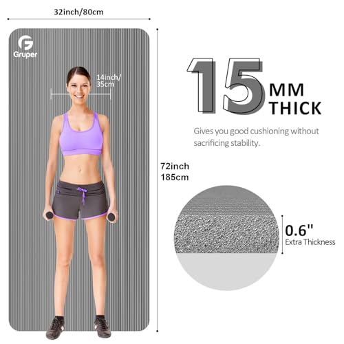 Gruper Yoga Mat Non Slip NBR Extra Thick Yoga Mat, 72"L x 32"/24"W x 0.6"/0.4"TH (185cm x 80cm/61cm x 15mm/10mm), Anti-Tear Exercise Mat with Carrying Strap and Bag, Workout Mats for Yoga, Pilates - color: Grey, size: 72 x 32 x 0.6 inches