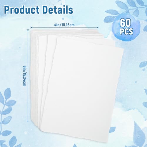 60 Sheets 4 x 6 inch Handmade Cotton Watercolor Paper 160GSM Deckled Edge - size: 4 x 6 inch