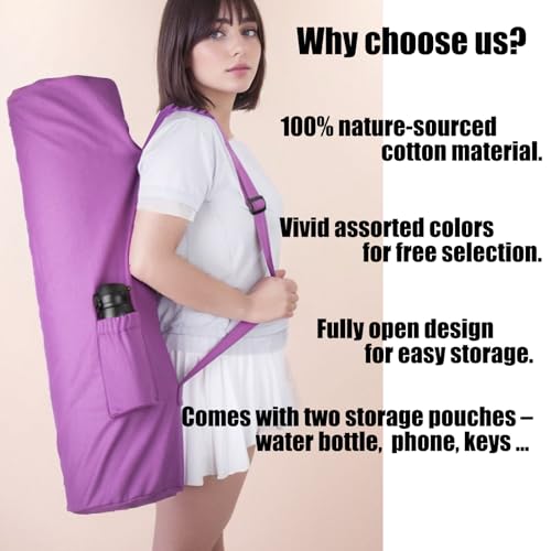 Cotton yoga mat bag with Pockets and Adjustable Strap - Full Zip Cargo Yoga Mat Carrier Bag - Bag for 1/4" 1/3" Thick Yoga Mat - color: Purple, size: XL