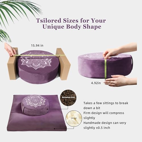 Meditation Cushion Set Zafu & Zabuton – Buckwheat Hull & Memory Foam, Adjustable Floor Pillow for Yoga, Meditation & Sitting, Removable Velvet Cover (Purple) - color: Purple