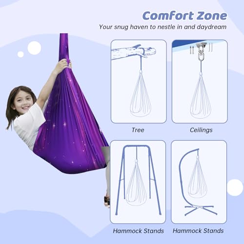 Aokitec Sensory Swing Kids & Adults, Double-Layer Indoor Outdoor Hammock | Therapy swing, Special Needs, Autism, Adjustable, Double-layer Polyester Holds 300LB, Swivel Hanger, All Hardware Included - color: Galaxy Purple