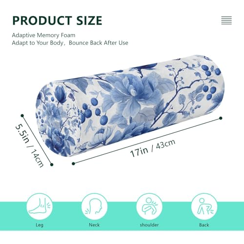 Blue White Flower Neck Roll Pillow Bolster Round Health Memory Foam Long Cervical Roll Cylinder Pillows with Removable Washable Cover for Body Bed Legs Back Yoga - color: Blue and White 35