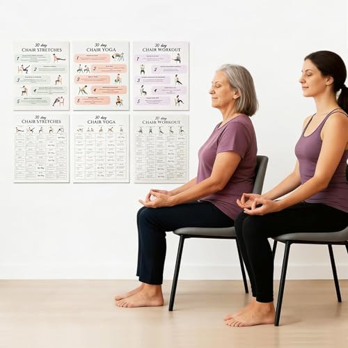Tai Chi Chair Workout Chart, 6 Laminated Tai Chi Exercise Chart Poster Set for Beginners and Seniors, Chair Yoga Chart Illustrated Seated Moves for Balance, Mobility, 30-Day Challenge