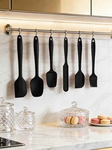 6 Pieces Silicone Spatula Set - Heavy Duty Kitchen Cooking Serving Utensils, Non-Stick Silicone Cooking Utensils Set, Kitchen Utensil Set with Oil Brush, Jar Spatula & Mini Spatulas (Black) - color: Black