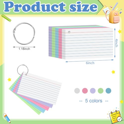 Colored Index Cards 4x6 Inch Flash Cards Note Cards with Ring | 180gsm Heavyweight Flashcards, 150 Count, Portable Note Taking for Students, College Supplies, Nursing School Essentials - color: Multicolor, size: 4x6