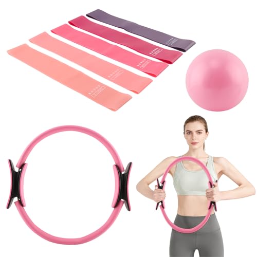 Pilates Ring and Ball Set with Resistance Bands, 14'' Circle Ring, 9.8” Pilates Ball and 5 Resistance Bands Home Workout Kit for Women Training Core, Full Body Exercise