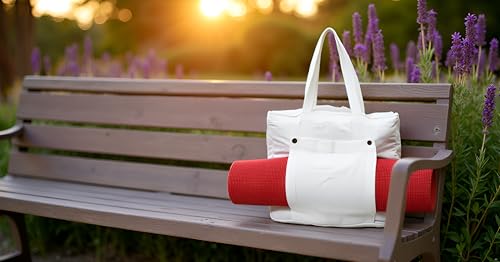INDIAN CRAFT CASTLE Tote Bag with Yoga Mat Carrier Pocket Carryall Shoulder Bag for Office, Workout, Pilates, Travel, Beach and Gym - color: White