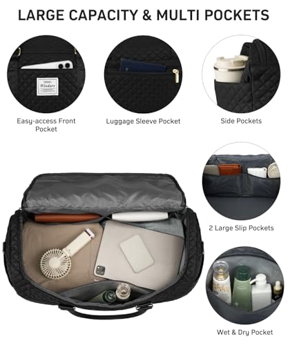 WINDARS Travel Duffle Bag, Weekender Bags for Women with Shoe Compartment, Overnight Bag with Toiletry Bag, Carry On Duffel Bags For Airplanes, Yoga Gym Duffel Bag, Black - color: Black