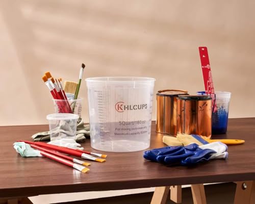12 Pcs cups and 4 lids 160 oz Graduated Paint Mixing Cups 5 Quart Disposable Clear Paint Mixing Bucket Plastic Epoxy Measuring Cups with Ratios on Side of Cup for Resin, Epoxy, Art