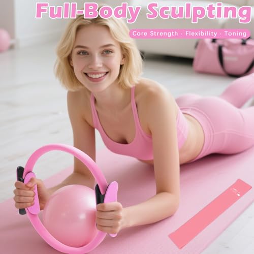 Pilates Kit for Home Workouts – Pilates Equipment Set with Ring, Ball, Resistance Bands, Pilates Accessories, Pilates Essentials Kit for Women, Pilates Sets for Home Exercise - color: pink