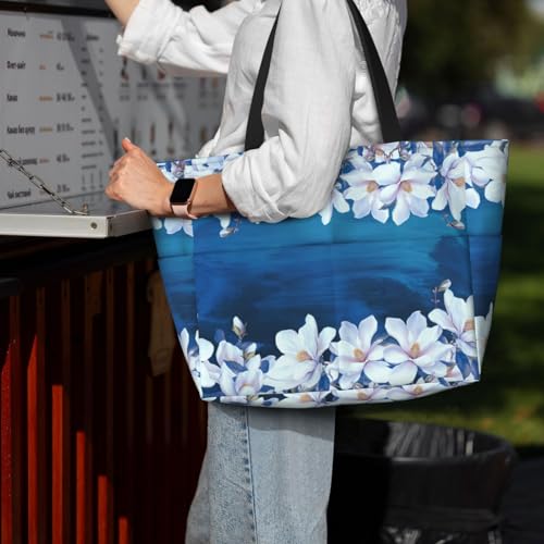 Large Beach Bag for Women Waterproof Foldable Travel Shoulder Tote Bag with Pocket for Weekender Pool Vacation - color: Magnolia Blue