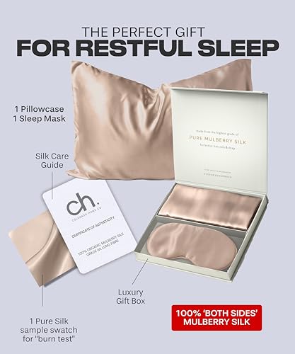 Colorado Home Co 머리카락과 피부를 위한 실크 베개 커버 - 누드 샴페인 퀸 사이즈 100% 실크 베개 커버 - 50.8x76.2cm(20x30인치) - 수면용 안대가 있는 여드름 베개 커버 - color: 누드 샴페인, size: Sleep Mask Queen Pillowcase Set