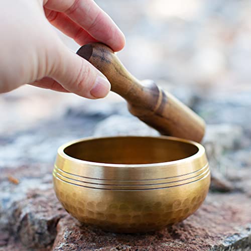 Tibetan Singing Bowl Set - Easy To Play for Beginners - Authentic Handcrafted Mindfulness Meditation Holistic Sound 7 Chakra Healing Gift by Himalayan Bazaar (3.5") - color: Gold - 3.5 Inch