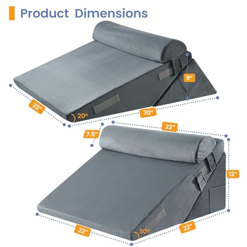 Sasttie Adjustable Wedge Pillow Set for After Surgery, Velvet - Dark Grey | Bed Wedge Pillow Headboard with Memory Foam Neck Cushion, for Acid Reflux, Sleeping, Neck & Back Support - color: Velvet - Dark Grey, size: Adjustable 9&12 Inch + 1 Head Pillow
