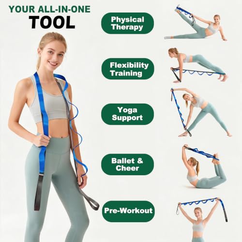 Acozycoo Stretching Strap with Loops for Leg Calf Back Physical Therapy | Non-Elastic Yoga Strap for Stretching,Stretch Band,Leg Lifter,Rehab,Knee,Hip,Pilates,Flexibility Training,Hamstring,Fascia - color: Blue