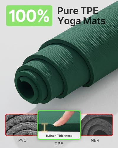 YOTTOY Large Yoga Mat (75 * 52 * 1/2inch),Extra Wide TPE Exercise Mat,Non-Slip Workout Mat for Pilates, Fitness, Barefoot, Home Gym Studio with Strap and Towel - color: Green, size: 75*52*1/2inch