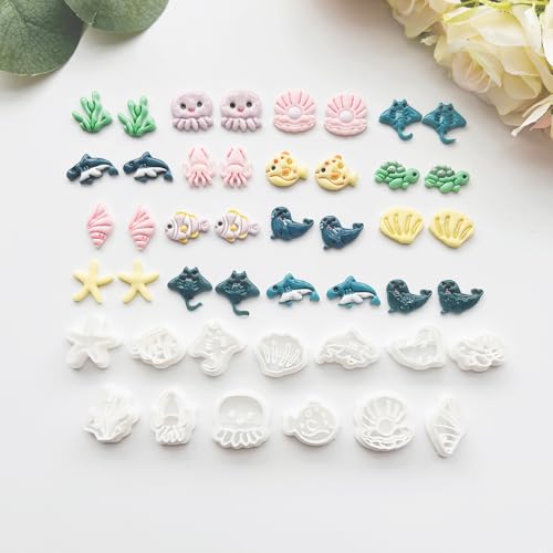 Under The Sea Polymer Clay Cutters Set - 13pcs Ocean Life Shapes Including Seal, Turtle, Jellyfish, Starfish, Dolphin & Shells for DIY Earring Jewelry, Soft Clay Crafts & Scrapbooking - color: V color